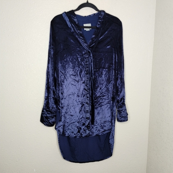 Anthropologie MAEVE Button Down Tunic Top Crushed Velvet Velour Navy Size 6 - Picture 2 of 8
